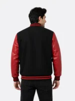 Black Red Leather Sleeve Varsity Jacket Red Black Ribbing For Sale