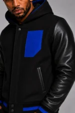 Black Royal Blue Hooded Varsity Jacket Blue Leather Sleeves For Sale