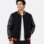 Shop Black Leather Sleeve Varsity Jacket Red Striped Ribbing