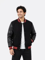 Shop Black Leather Sleeve Varsity Jacket Red Striped Ribbing