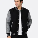 Black Wool Varsity Jacket Grey Sleeves Black White Striped Ribbing