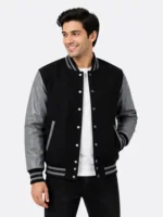 Black Wool Varsity Jacket Grey Sleeves Black White Striped Ribbing