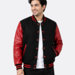 Black Wool Varsity Jacket Red Leather Sleeves Red Black Ribbing
