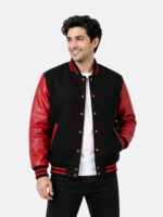 Black Wool Varsity Jacket Red Leather Sleeves Red Black Ribbing