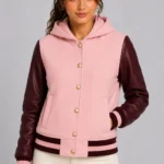 Blossom Pink Burgundy Leather Hooded Womens Varsity Jacket Rib