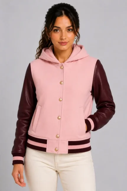 Blossom Pink Burgundy Leather Hooded Womens Varsity Jacket Rib