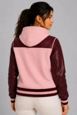 Blossom Pink Burgundy Leather Hooded Womens Varsity Jacket Rib For Sale