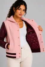 Blossom Pink Burgundy Leather Hooded Womens Varsity Jacket Rib On Sale