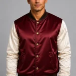 Burgundy Bone White Satin Varsity Jacket Mens Dark Plum Lining