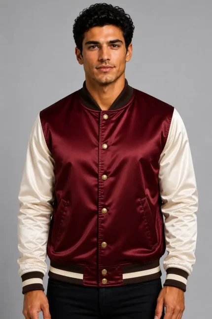 Burgundy Bone White Satin Varsity Jacket Mens Dark Plum Lining