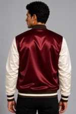 Burgundy Bone White Satin Varsity Jacket Mens Dark Plum Lining For Sale
