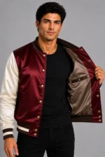 Burgundy Bone White Satin Varsity Jacket Mens Dark Plum Lining On Sale