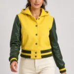 Butter Yellow Forest Green Leather Hooded Womens Varsity Jacket