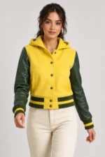 Butter Yellow Forest Green Leather Hooded Womens Varsity Jacket