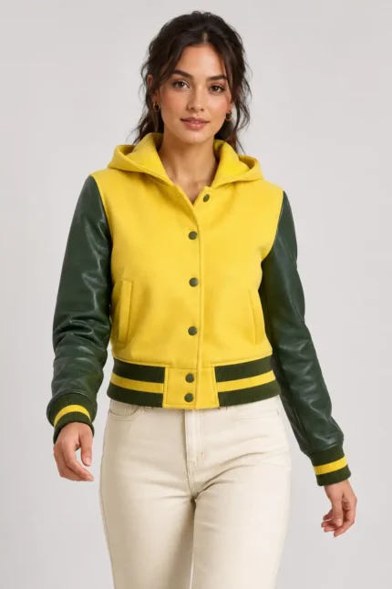 Butter Yellow Forest Green Leather Hooded Womens Varsity Jacket