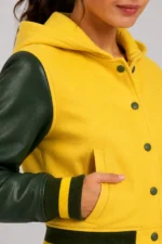 Butter Yellow Forest Green Leather Hooded Womens Varsity Jacket - Image 4