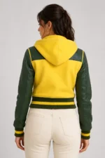 Butter Yellow Forest Green Leather Hooded Womens Varsity Jacket On Sale