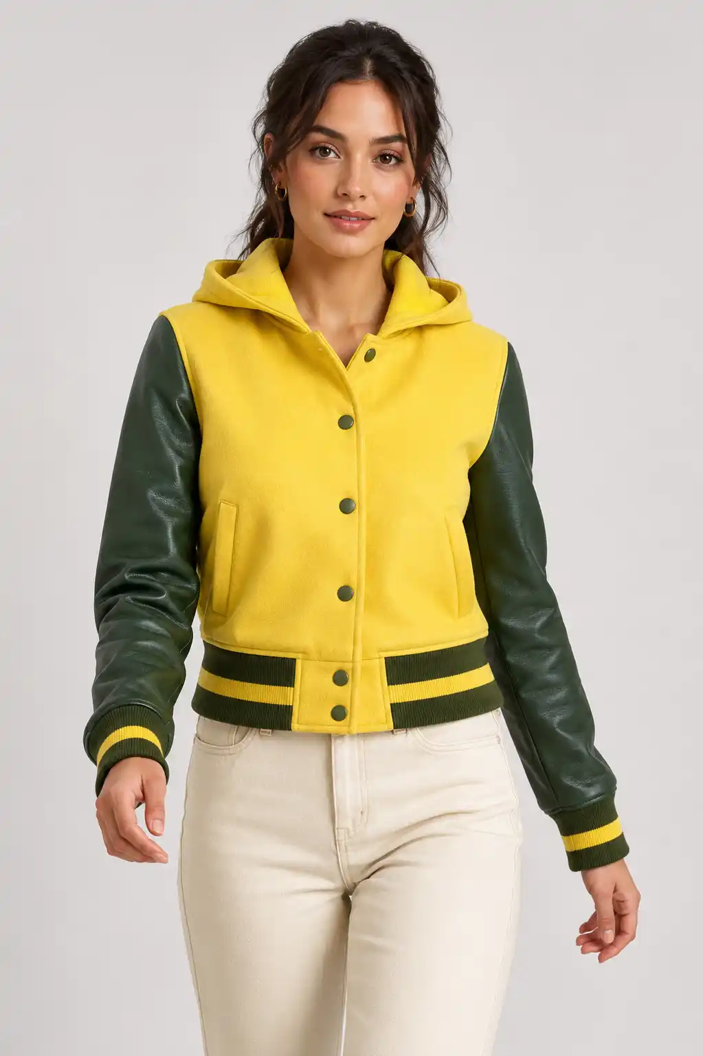 Butter Yellow Forest Green Leather Hooded Womens Varsity Jacket