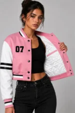 Buy Apex Division Embroidered Cropped Varsity Jacket Women Pink White Leather