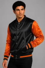 Buy Black Flame Orange Satin Varsity Jacket Mens For Sale