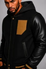 Buy Black Hooded Varsity Jacket Black Leather Sleeves Gold Chest Patch