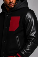 Buy Black Hooded Varsity Jacket Black Leather Sleeves Red Chest Patch
