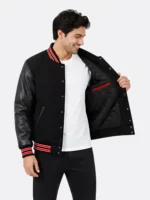 Buy Black Wool Varsity Jacket Black Leather Red Ribbing