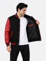 Buy Black Wool Varsity Jacket Red Leather Sleeves Red Black Ribbing