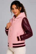 Buy Blossom Pink Burgundy Leather Hooded Womens Varsity Jacket Rib