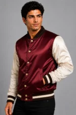 Buy Burgundy Bone White Satin Varsity Jacket Mens Dark Plum Lining