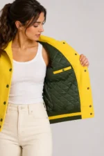 Buy Butter Yellow Forest Green Leather Hooded Womens Varsity Jacket