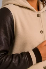 Buy Camel Chocolate Leather Hooded Womens Varsity Jacket Camel Rib
