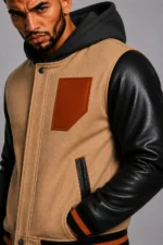 Buy Camel Hooded Varsity Jacket Black Leather Sleeves Brown Chest