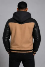 Buy Camel Hooded Varsity Jacket Black Leather Sleeves Camel Patch