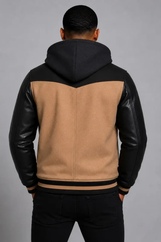 Buy Camel Hooded Varsity Jacket Black Leather Sleeves Camel Patch