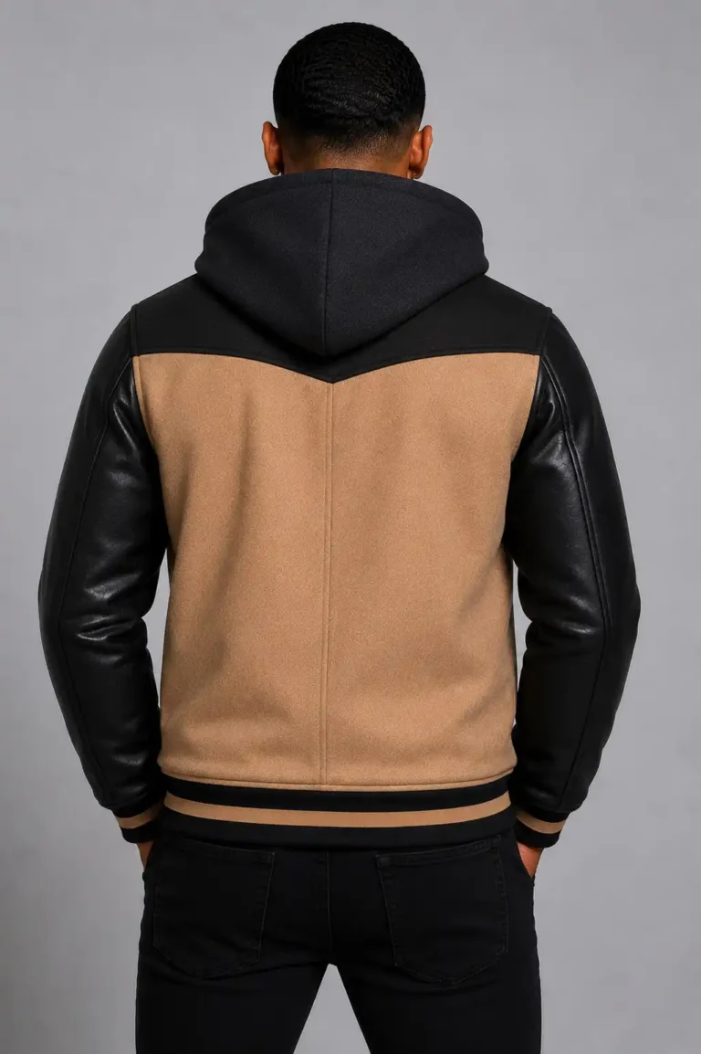 Buy Camel Hooded Varsity Jacket Black Leather Sleeves Camel Patch