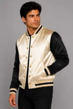 Buy Champagne Gold Black Satin Varsity Jacket Mens For Sale