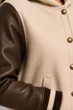 Buy Cream Chocolate Leather Hooded Womens Varsity Jacket Black Rib