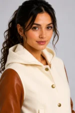 Buy Cream Cognac Leather Hooded Womens Varsity Jacket Caramel Rib