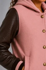 Buy Dusty Pink Chocolate Leather Hooded Womens Varsity Jacket Rib