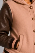 Buy Dusty Rose Chocolate Leather Hooded Womens Varsity Jacket Rib