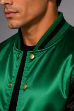 Buy Emerald Green Black Satin Varsity Jacket Mens For Sale
