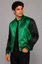 Buy Emerald Green Black Satin Varsity Jacket Mens Forest Lining