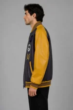 Buy Exclusive Grey Leather Varsity Jacket Gold Sleeves Peace Patch