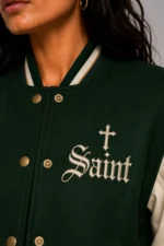 Buy Forest Saint Embroidered Cropped Varsity Jacket Women Forest Green For Sale