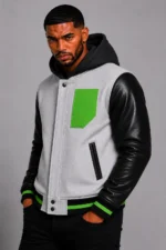 Buy Grey Hooded Varsity Jacket Black Leather Sleeves Green Patch Hood