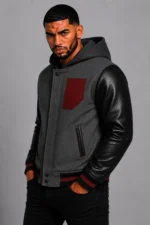 Buy Grey Hooded Varsity Jacket Black Leather Sleeves Maroon Patch