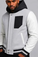 Buy Grey Hooded Varsity Jacket Leather Sleeves Black Chest Patch