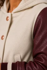 Buy Ivory Burgundy Leather Hooded Womens Varsity Jacket Rose Gold