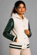 Buy Ivory Forest Green Leather Hooded Womens Varsity Jacket Black Rib